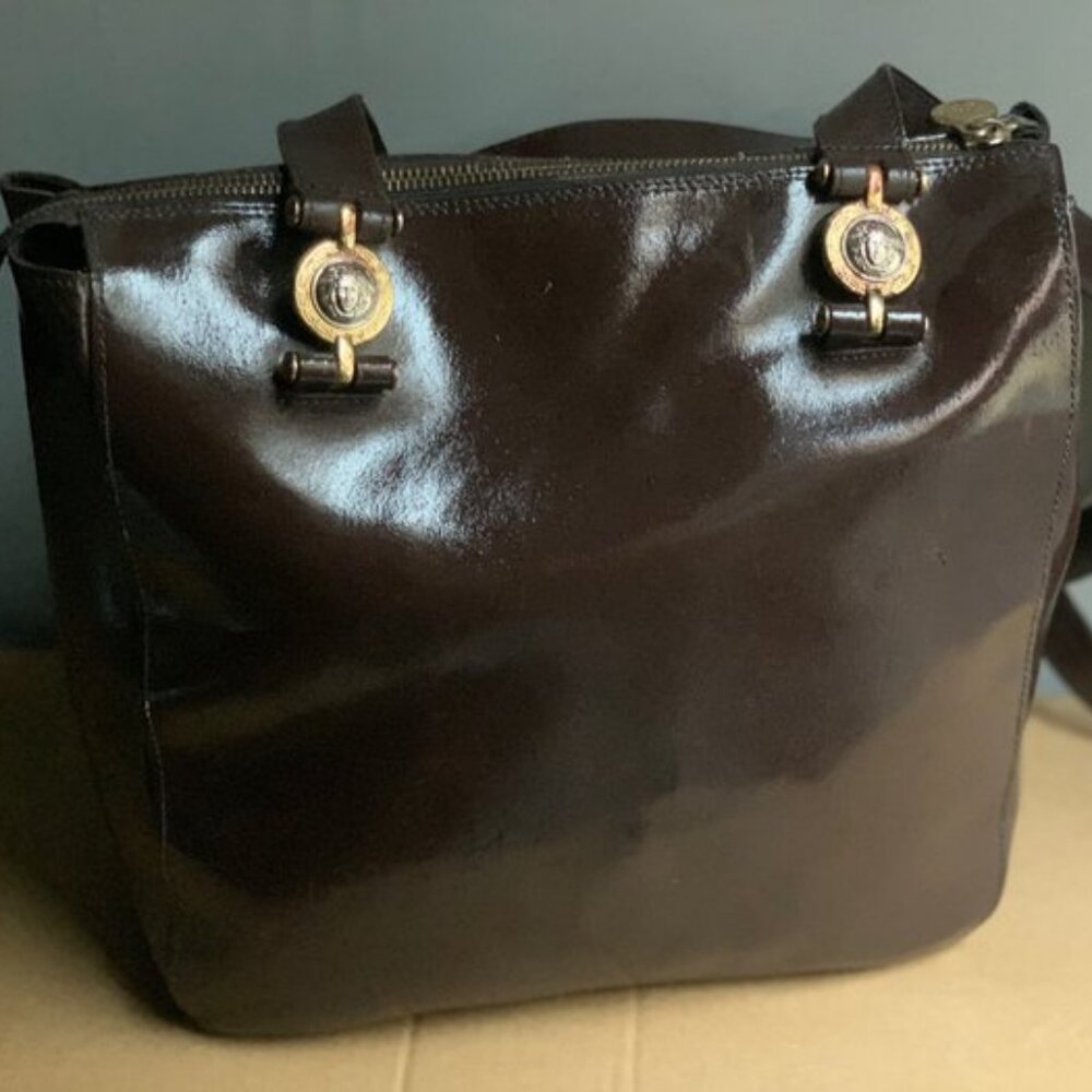 Vintage GIANNI VERSACE Brown Leather Medusa Large Shoulder Bag
